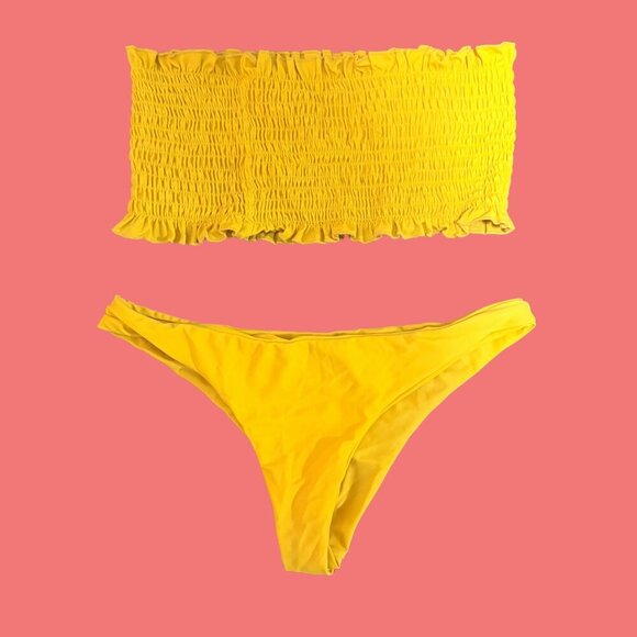 🌞 SHEIN Yellow Smocked Bandeau Bikini Set (Size M) - Picture 2 of 7